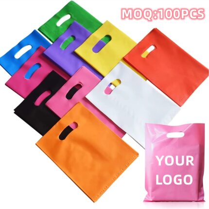 Custom Printed Poly Bags with Logo – Reusable Die Cut Handle Plastic Bags for Business & Retail